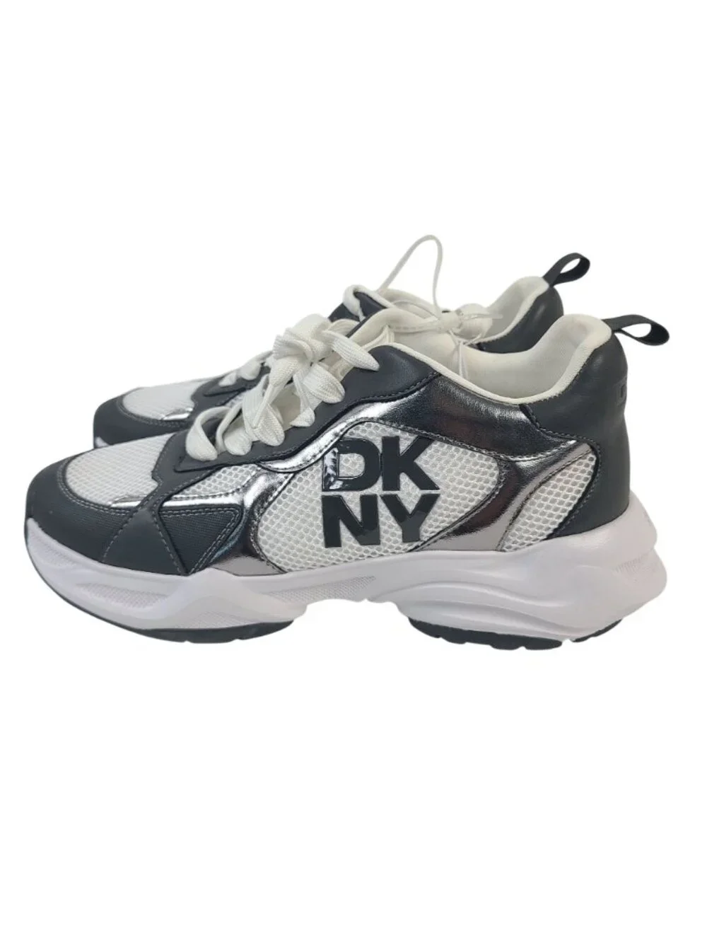 NEW DKNY DeYoung Chunky Silver & White Mesh Sneakers US 10M Athletic Shoes
